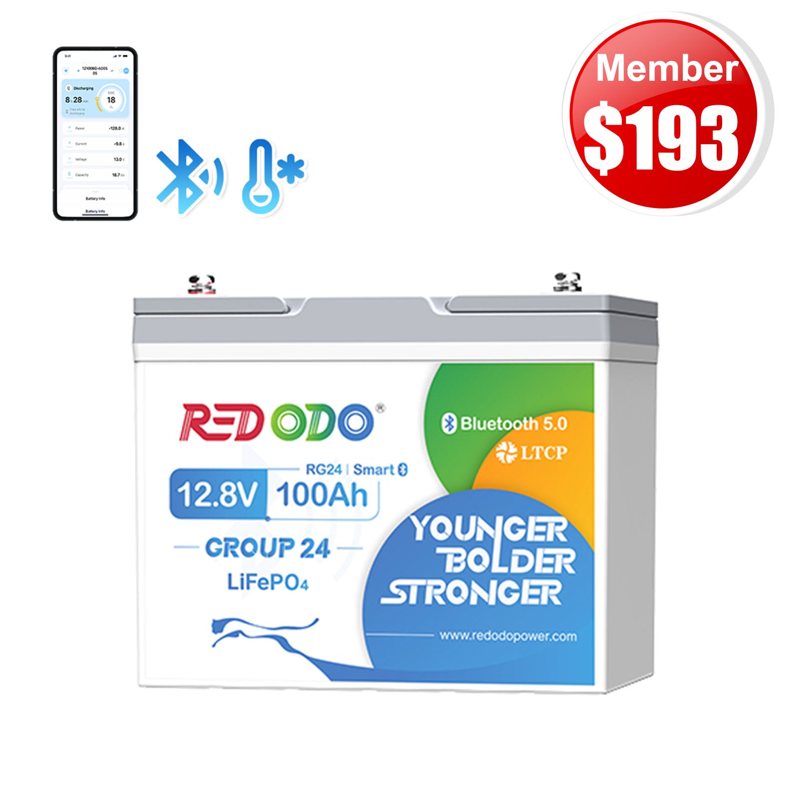 🎄【Xmas Member Price $193】Redodo 12V 100Ah Group 24 Smart Bluetooth LiFePO4 Battery, Real-Time Capacity Monitoring