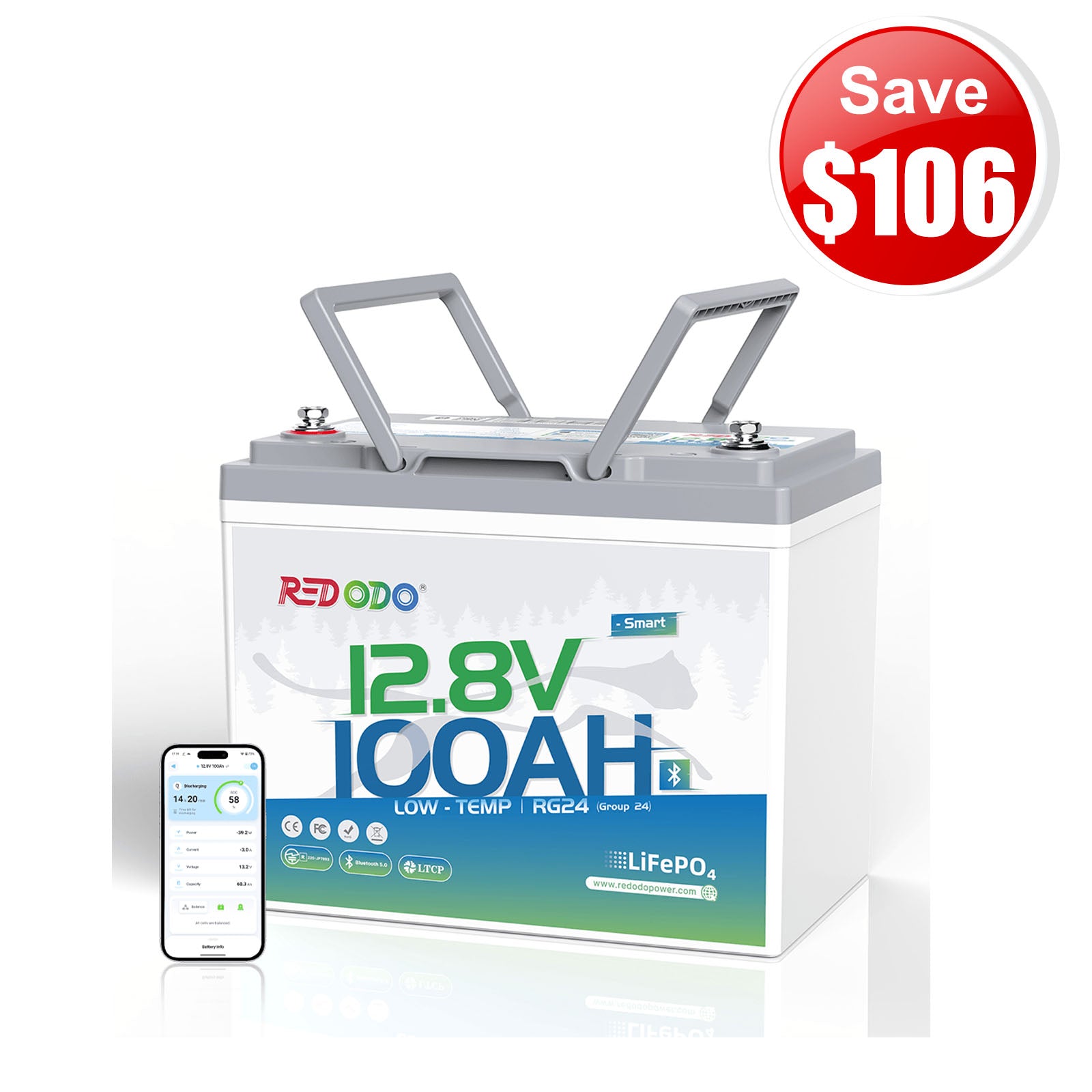 ⚡[$183 after Sign-Up] Redodo 12V 100Ah Group 24 Bluetooth LiFePO4 Battery | Real-Time Battery Monitoring | For RV, Marine, Solar