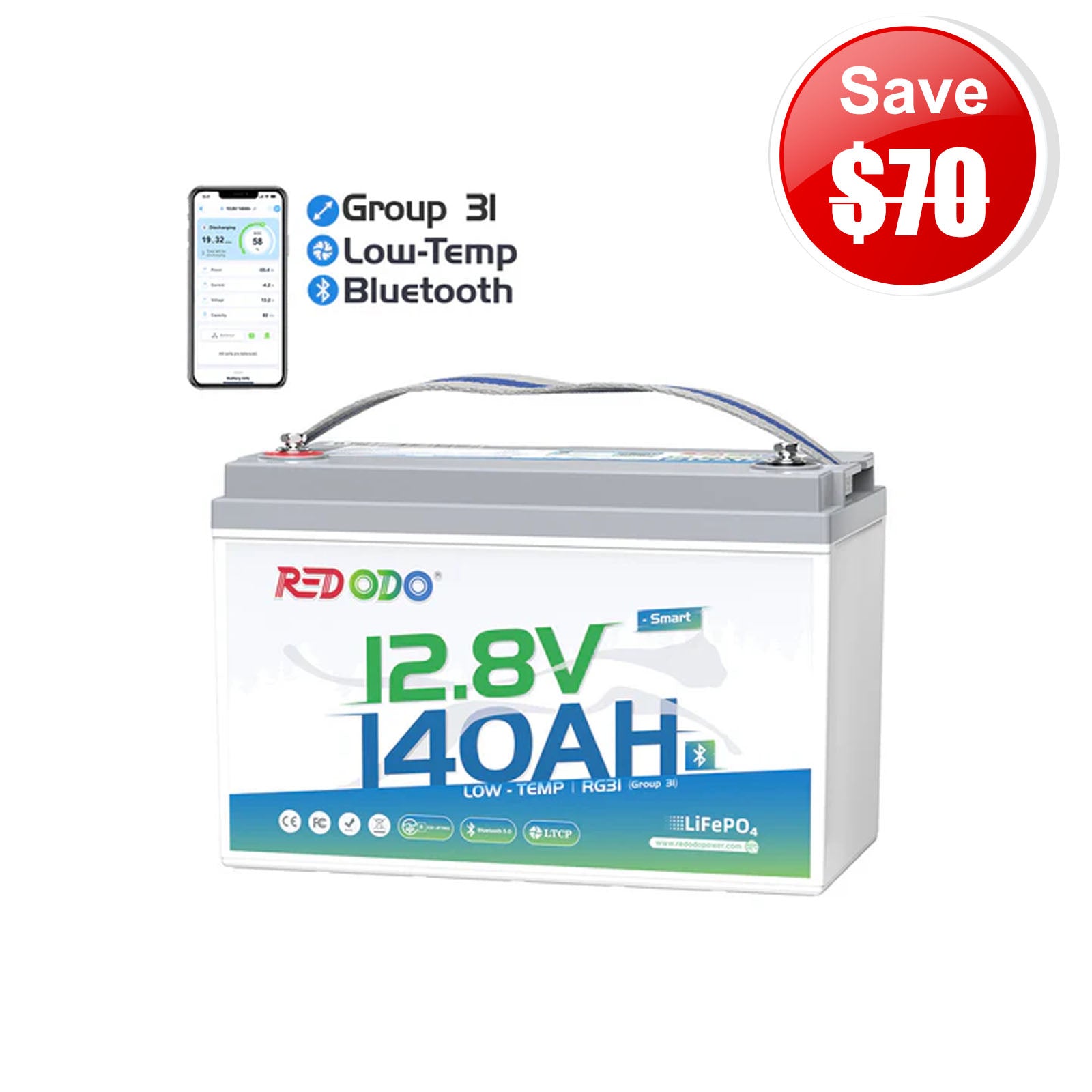 ⚡[$238 after Sign-Up] Redodo 12V 140Ah Group 31 Lithium Battery with Bluetooth | 40% More Capacity | For RV, Marine, Solar Home