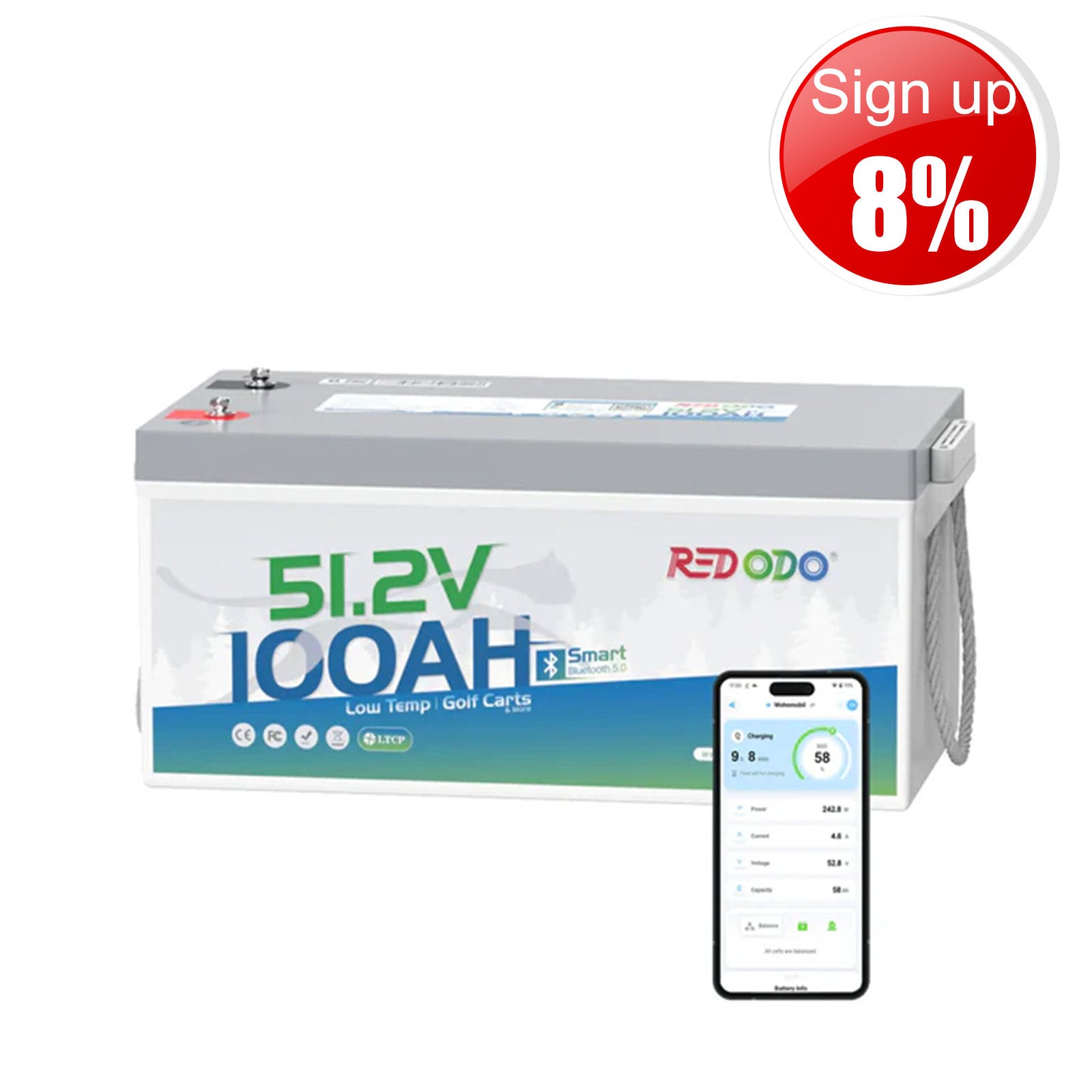 ⚡[$827 after Sign-Up] Redodo 48V(51.2V) 100Ah LiFePO4 Lithium Golf Cart Bluetooth Battery