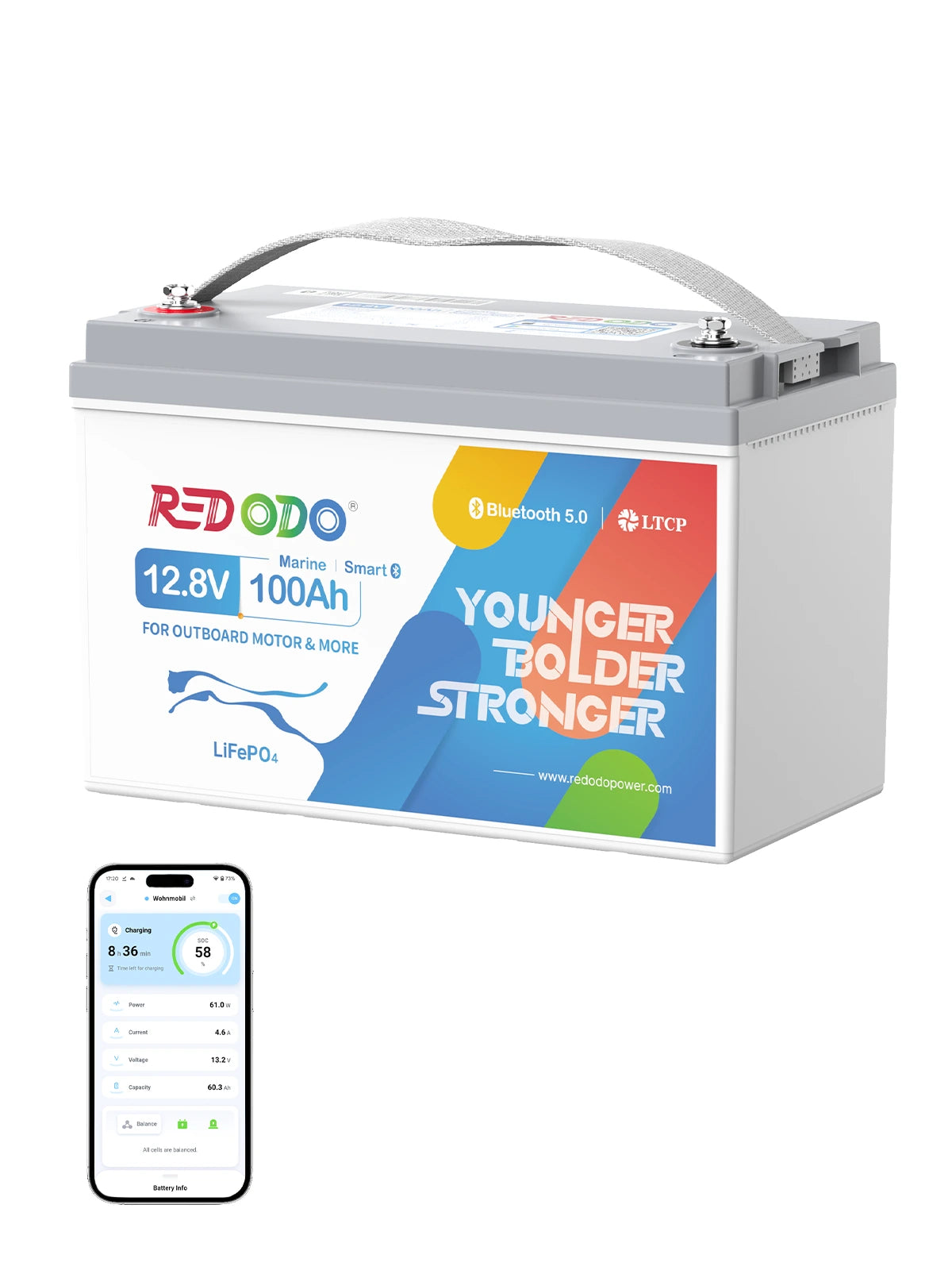 Redodo 12V 100Ah LiFePO4 Bluetooth Marine Battery, Max 5S5P