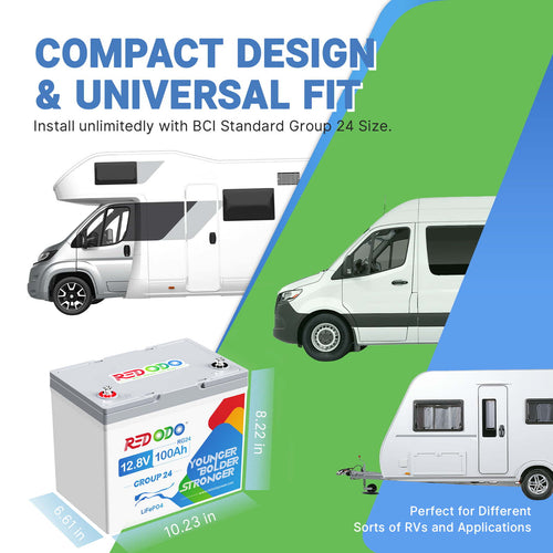 Redodo 12V 100Ah group 24 Deep Cycle Battery install unlimitedly with BCI standard group 24 size