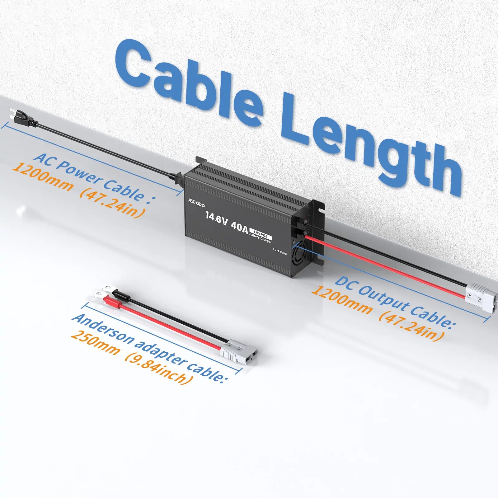 the cable length of Redodo 14.6V 40 Amp Battery Charger