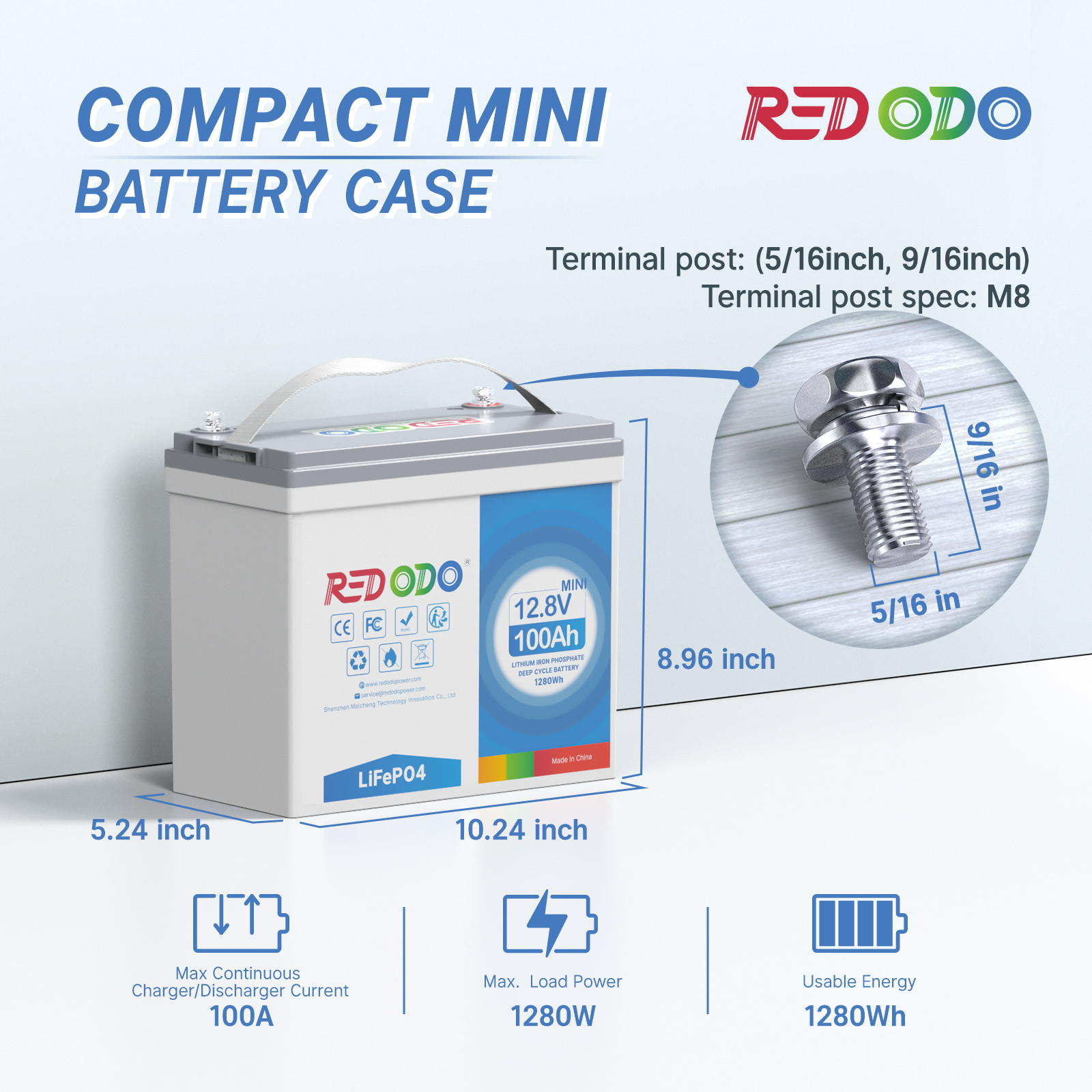 【Like New】Redodo 12V 100Ah Mini LiFePO4 battery | 1.28kWh & 1.28kW Redodo