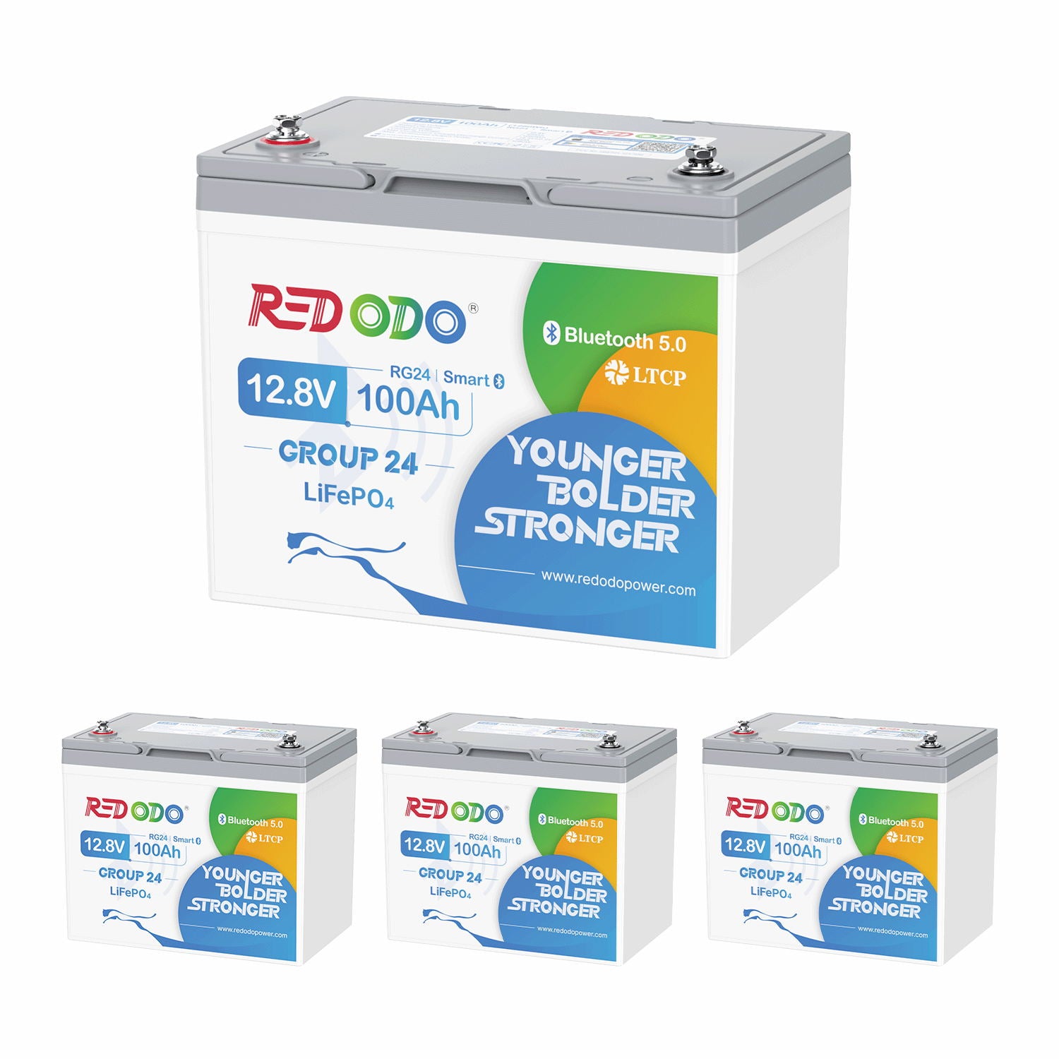 4 pack of Redodo Group 24 Battery LiFePO4 12V 100Ah bluetooth battery