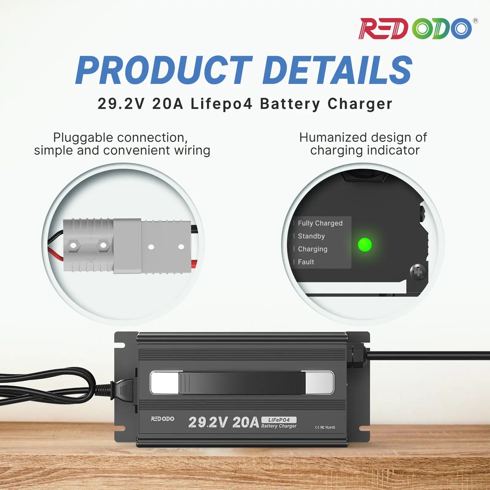 product details of Redodo 29.2V 20A LiFePO4 Battery Charger